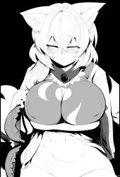 Rule 34 | 1girl, animal ear fluff, animal ears, arm under breasts, blush, breasts, closed mouth, commentary, fox ears, fox tail, greyscale, groin, highres, large breasts, looking to the side, medium hair, midriff, mizuga, monochrome, navel, no panties, solo, sweat, symbol-only commentary, tail, touhou, yakumo ran