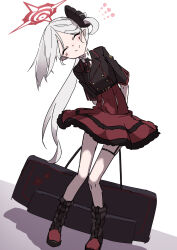 Rule 34 | 1girl, ^ ^, absurdres, black footwear, black shirt, blue archive, boots, closed eyes, closed mouth, facing viewer, full body, grey hair, halo, highres, long hair, mogurii, mutsuki (blue archive), pointy ears, red halo, red skirt, shirt, short sleeves, side ponytail, simple background, skirt, smile, solo, standing, white background