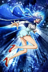 Rule 34 | 1girl, blue cape, blue hair, blue skirt, cape, collared shirt, curled horns, frown, full body, high-waist skirt, high heels, horns, long hair, long sleeves, mask, mouth mask, multicolored hair, official art, one piece, pink hair, pink mask, ribbed shirt, shirt, simple background, skirt, solo, two-tone hair, ulti (one piece)
