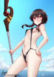Rule 34 | 1girl, adsouto, blush, breasts, brown hair, glowing, glowing eyes, hand on own hip, highres, holding, holding staff, kono subarashii sekai ni shukufuku wo!, looking at viewer, megumin, navel, one-piece swimsuit, red eyes, short hair with long locks, signature, small breasts, smile, solo, staff, swimsuit, variant set