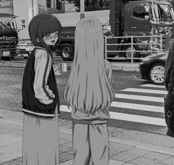 Rule 34 | 2girls, alcohol, alcohol carton, blunt bangs, blush, bocchi the rock!, braid, crosswalk, feet out of frame, from behind, gotoh hitori, greyscale, hand in pocket, hiroi kikuri, holding carton, ibuki (ibuki0118), jacket, long hair, long sleeves, looking at another, monochrome, motor vehicle, multiple girls, open mouth, outdoors, photo background, road, skirt, smile, standing, straight hair, street, truck