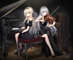 Rule 34 | 2girls, ak-12, ak-12 (girls&#039; frontline), alternate costume, an-94, an-94 (girls&#039; frontline), aqua eyes, ass, assault rifle, baek hyang, black dress, black footwear, black hairband, black ribbon, blush, braid, breasts, character name, cleavage, closed eyes, closed mouth, commentary request, dated, dress, french braid, from behind, girls&#039; frontline, gloves, grey hair, gun, hair ribbon, hairband, high heels, highres, holding, holding instrument, instrument, jewelry, kalashnikov rifle, long hair, looking at viewer, medium breasts, multiple girls, name connection, necklace, object namesake, off-shoulder dress, off shoulder, piano, ribbon, rifle, sidelocks, signature, sitting, stool, very long hair, weapon