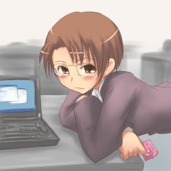 Rule 34 | 1girl, aaaa (quad-a), bad id, bad pixiv id, blush, brown eyes, brown hair, computer, condom, condom wrapper, glasses, highres, keyboard (computer), laptop, leaning, office lady, original, short hair, solo