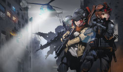 Rule 34 | 2girls, 3boys, absurdres, aircraft, assault rifle, baseball cap, black soldier, brown eyes, brown hair, chinese commentary, commentary request, earpiece, goggles, goggles on head, gun, hat, headset, helicopter, highres, holding, holding gun, holding weapon, jacket, load bearing vest, military, multiple boys, multiple girls, night-vision device, original, outdoors, red eyes, rifle, scarf, scope, searchlight, suppressor, twintails, weapon