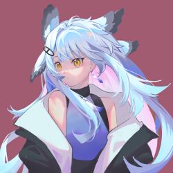 Rule 34 | 1girl, absurdres, arknights, bare shoulders, black jacket, blue shirt, brown background, closed mouth, earrings, floating hair, grey hair, hair ornament, highres, jacket, jewelry, long hair, looking away, looking to the side, off shoulder, open clothes, open jacket, ptilopsis (arknights), ranqi344, shirt, simple background, sleeveless, sleeveless shirt, solo, yellow eyes