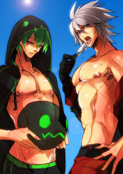 Rule 34 | 2boys, arc system works, ball, black gloves, blazblue, blue sky, day, food, gloves, green eyes, green hair, hand on own hip, hazama, hood, hoodie, hot, kaneaki mukku, lens flare, multiple boys, open clothes, open hoodie, popsicle, ragna the bloodedge, red eyes, topless male, short hair, silver hair, single glove, sky, spiked hair, sweat