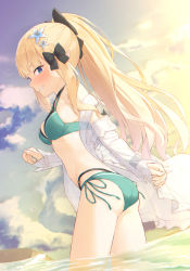 Rule 34 | 1girl, aqua bikini, bare shoulders, bikini, bikini under clothes, black bow, blonde hair, blue eyes, blue flower, blue sky, blush, bow, breasts, cloud, cloudy sky, commentary request, detached sleeves, fingernails, flower, green bikini, hair bow, hair flower, hair ornament, highres, layered bikini, long hair, long sleeves, medium breasts, mikazuchi zeus, off shoulder, outdoors, parted lips, ponytail, princess connect!, saren (princess connect!), saren (summer) (princess connect!), see-through, see-through sleeves, side-tie bikini bottom, sidelocks, sky, sleeves past wrists, solo, standing, sunset, swimsuit, very long hair, wading, water