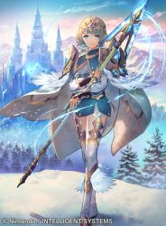 Rule 34 | 1girl, blonde hair, blue eyes, blue hair, cape, closed mouth, company name, copyright name, day, dress, earrings, feather trim, fire emblem, fire emblem cipher, fire emblem heroes, fjorm (fire emblem), full body, gradient hair, holding, holding weapon, jewelry, long sleeves, multicolored hair, nintendo, official art, outdoors, polearm, short dress, short hair, smile, solo, spear, standing, thighhighs, umiu geso, weapon