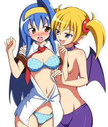Rule 34 | 2girls, ahoge, aq interactive, arcana heart, atlus, blouse, blue eyes, blue panties, blush, bra, breasts, cleavage, collar, covering privates, cowboy shot, demon girl, earrings, examu, fang, frown, jewelry, lilica felchenerow, multiple girls, naughty face, navel, no bra, no pants, open clothes, open mouth, open shirt, panties, pointy ears, ritsuo (ti4auc), shirt, simple background, smile, standing, topless, tsuzura saki, twintails, underwear, v-shaped eyebrows, white background, white shirt, wings, yuri