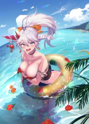 Rule 34 | 1girl, alternate costume, asymmetrical horns, azur lane, bikini, breasts, cleavage, commentary request, covering breasts, covering privates, day, earrings, food print, hair between eyes, hakuryuu (azur lane), highres, horns, innertube, jewelry, large breasts, leaning forward, long hair, looking at viewer, mismatched horns, ocean, open mouth, outdoors, red bikini, red horns, shimotsuki shio, solo, string bikini, swim ring, swimsuit, untied bikini, wading, wardrobe malfunction, water, white eyes, white hair, white horns, wide ponytail, yellow innertube