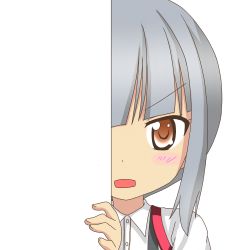 Rule 34 | 10s, 1girl, brown eyes, kantai collection, kasumi (kancolle), looking at viewer, nagineko, open mouth, peeking out, school uniform, silver hair, solo, suspenders, transparent background