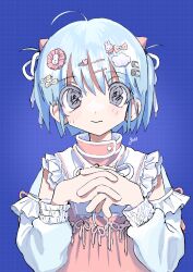 Rule 34 | 1girl, absurdres, blue background, blue hair, bow, closed mouth, cloud hair ornament, detached sleeves, dress, frilled dress, frilled sleeves, frills, grey eyes, grid background, hair bow, hair ornament, hairclip, hairpin, highres, interlocked fingers, looking at viewer, original, own hands together, oyasumi guu guu, pink dress, rabbit hair ornament, short hair, solo, two-tone dress, upper body, white dress, white sleeves