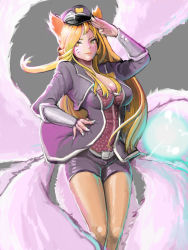 Rule 34 | 1girl, ahri (league of legends), alternate costume, alternate hair color, alternate hairstyle, animal ears, belt, blonde hair, bow, breasts, cleavage, cosplay, dmdkrxmrrmq, facial mark, fingernails, fox ears, fox tail, girls&#039; generation, grey background, hand on own hip, hand up, hat, hat bow, heart, highres, jacket, large breasts, league of legends, long fingernails, long hair, long sleeves, looking at viewer, multiple tails, nail polish, open clothes, open jacket, pantyhose, pantyhose under shorts, peaked cap, popstar ahri, salute, see-through, see-through legwear, short shorts, shorts, simple background, slit pupils, solo, standing, tail, very long hair, whisker markings, white nails, yellow eyes, zipper