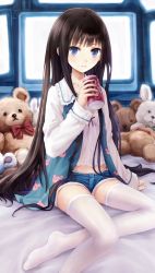 Rule 34 | 1girl, animal print, blue eyes, blue shorts, blush, brown hair, can, closed mouth, collarbone, dr pepper, drink can, feet, francascofeng, highres, holding, holding can, kami-sama no memo-chou, long hair, long sleeves, looking at viewer, no shoes, rabbit print, shionji yuuko, shirt, short shorts, shorts, sitting, sleeves past wrists, soda can, solo, stuffed animal, stuffed rabbit, stuffed toy, teddy bear, television, thighhighs, very long hair, white thighhighs
