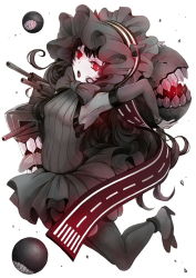 Rule 34 | 10s, 1girl, abyssal ship, black hair, bow, dress, gothic lolita, isolated island oni, kantai collection, lolita fashion, long hair, pale skin, pantyhose, red eyes, runway, sai-go, solo, tongue, white background