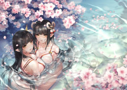 Rule 34 | black hair, branch, breasts, cherry blossoms, cleavage, flower, hair ornament, highres, hinoa, long hair, minoto, monster hunter (series), monster hunter rise, parted lips, partially submerged, petals, pointy ears, ripples, sha (shareddelicious), siblings, sisters, twins, water, wet, yellow eyes