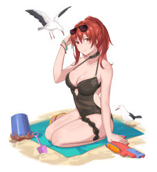 Rule 34 | 1girl, bangle, bare shoulders, beach mat, bird, black one-piece swimsuit, bracelet, breasts, brown eyes, bucket, choker, cleavage, collarbone, eyewear on head, hand up, highres, honkai (series), honkai impact 3rd, jewelry, l.kili, large breasts, long hair, looking at viewer, md5 mismatch, mole, mole on breast, murata himeko, one-piece swimsuit, parted lips, ponytail, red hair, resolution mismatch, seagull, shovel, sidelocks, sitting, smile, solo, source larger, sunglasses, swimsuit, thighs, water gun, yokozuwari