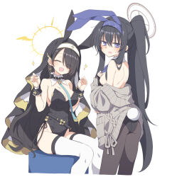 Rule 34 | 2girls, animal ears, ass, black hair, black leotard, black pantyhose, blue archive, blush, breasts, cardigan, cleavage, closed eyes, coif, cross, cross earrings, detached collar, earrings, fake animal ears, fake tail, grey cardigan, halo, highres, hinata (blue archive), jewelry, large breasts, leotard, long hair, long sleeves, looking at viewer, multiple girls, nun, open mouth, pantyhose, ponytail, purple eyes, rabbit ears, rabbit tail, satou kibi, simple background, sitting, small breasts, smile, strapless, strapless leotard, tail, thighhighs, ui (blue archive), white background, white thighhighs, wrist cuffs, yellow halo
