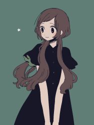 Rule 34 | 1girl, black eyes, blush stickers, brown hair, dress, green background, long hair, looking to the side, maco22, original, short sleeves, smile, solo, star (symbol)