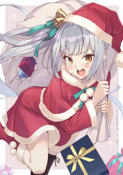 Rule 34 | 1girl, absurdres, bell, boots, box, capelet, christmas, christmas ornaments, commentary request, dress, fur-trimmed boots, fur-trimmed capelet, fur-trimmed dress, fur-trimmed headwear, fur boots, fur trim, gift, gift box, grey hair, hat, highres, kantai collection, kasumi (kancolle), long hair, long sleeves, looking at viewer, nueco, red capelet, red dress, red footwear, red hat, sack, santa boots, santa costume, santa dress, santa hat, side ponytail, single thighhigh, skirt, solo, thighhighs, yellow eyes