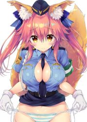 Rule 34 | 10s, 1girl, aiguillette, animal ear fluff, animal ears, armband, belt, between breasts, blue necktie, blue panties, blue ribbon, blue shirt, blue skirt, blush, breasts, bursting breasts, cleavage, closed mouth, clothes lift, fate/extella, fate/extella link, fate/extra, fate (series), female service cap, fox ears, fox tail, gloves, hair between eyes, hair ribbon, hat, hip focus, large breasts, long hair, looking at viewer, miniskirt, necktie, official alternate costume, panties, pink hair, police, police uniform, policewoman, ribbon, sasorigatame, shirt, shirt lift, side-tie panties, sidelocks, simple background, skirt, smile, solo, striped clothes, striped panties, tail, tamamo (fate), tamamo no mae (fate/extra), tamamo no mae (police fox) (fate), underwear, uniform, white background, white gloves, yellow eyes