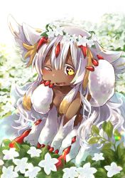Rule 34 | 1girl, animal ear fluff, animal ears, artist name, blonde hair, blush, breasts, claws, collarbone, commentary request, dark-skinned female, dark skin, day, extra arms, faputa, fewer digits, field, flower, flower field, full body, hand on own cheek, hand on own face, hands up, head wreath, highres, long hair, looking at viewer, lower teeth only, made in abyss, monster girl, multicolored hair, mumu yu mu, no nipples, nude, one eye closed, open mouth, outdoors, sharp teeth, sitting, small breasts, smile, solo, streaked hair, teeth, v arms, white flower, white fur, white hair, yellow eyes