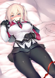 Rule 34 | 10s, 1girl, blonde hair, blue eyes, blush, breasts, gloves, graf zeppelin (kancolle), hat, highres, kantai collection, large breasts, long hair, lying, miniskirt, obiwan, pantyhose, peaked cap, skirt, solo, twintails, uniform