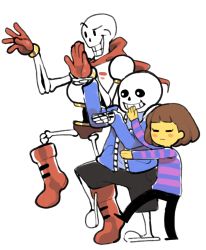 Rule 34 | 2boys, androgynous, armor, blush stickers, boots, brothers, brown hair, closed eyes, colored skin, crossover, frisk (undertale), height difference, hood, hoodie, inkerton-kun, multiple boys, papyrus (undertale), sans (undertale), shirt, siblings, skeleton, slippers, smile, striped clothes, striped shirt, undertale, yellow skin, yotsubato!, yotsubato! pose