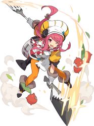 Rule 34 | 1girl, apron, arm up, artist request, bisected, black footwear, blush, boots, breasts, butcher knife, checkered clothes, checkered neckerchief, checkered neckwear, chef, chef hat, female focus, fork, full body, gloves, happy, hat, highres, holding, holding fork, holding knife, holding weapon, huge weapon, knife, leaf, leaning forward, light blush, liquid, long hair, low-tied long hair, neckerchief, non-web source, official art, one eye closed, open mouth, orange pantyhose, outstretched arm, oversized object, pantyhose, parfait (world flipper), pink hair, ponytail, pot, pouch, puffy short sleeves, puffy sleeves, purple eyes, red neckerchief, red skirt, shirt, short sleeves, sidelocks, simple background, skirt, small breasts, smile, smoke, solo, sparkle, standing, swept bangs, teeth, transparent background, v-shaped eyebrows, waist apron, weapon, white apron, white gloves, wink, world flipper, yellow shirt