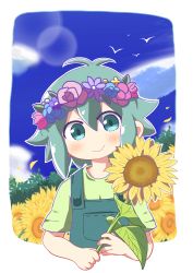 Rule 34 | 1boy, basil (headspace) (omori), basil (omori), blush, closed mouth, day, dokuta, flower, green eyes, green hair, green shirt, head wreath, highres, holding, holding flower, looking at viewer, omori, outdoors, overalls, shirt, short hair, short sleeves, smile, solo, sunflower, upper body
