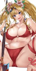 Rule 34 | 1girl, absurdres, bare shoulders, bikini, blonde hair, blue eyes, blush, breasts, cleavage, collarbone, eyewear on head, flower, granblue fantasy, hair intakes, hibiscus, highres, large breasts, long hair, looking at viewer, navel, open mouth, polearm, red bikini, shawl, shino (comic penguin club), side-tie bikini bottom, simple background, smile, solo, spear, spread legs, sunglasses, swimsuit, twintails, weapon, white background, zeta (granblue fantasy), zeta (summer) (granblue fantasy)