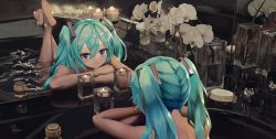 Rule 34 | 1girl, aqua eyes, aqua hair, bathing, bathtub, bracelet, completely nude, hair ornament, hatsune miku, headset, highres, jewelry, light smile, long hair, looking at viewer, mirror image, nude, partially submerged, soap, soles, takepon1123, twintails, very long hair, vocaloid, watch, water, wristwatch