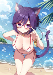 Rule 34 | 1girl, ahoge, animal ear fluff, animal ears, beach, bell, bikini, black ribbon, blue sky, breasts, cat ears, cat girl, cat tail, closed mouth, cloud, commentary request, copyright request, day, glasses, hair ribbon, highres, jingle bell, large breasts, looking at viewer, mauve, neck bell, ocean, purple eyes, purple hair, red-framed eyewear, ribbon, short hair, side-tie bikini bottom, sky, smile, solo, standing, swimsuit, tail, white bikini