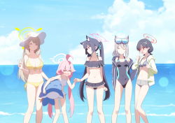 Rule 34 | 5girls, ahoge, alternate costume, alternate hairstyle, animal ear fluff, ayane (blue archive), ayane (swimsuit) (blue archive), bikini, black bikini, blue archive, breasts, cleavage, closed eyes, fang, frilled bikini, frills, glasses, halo, hat, highres, hoshino (blue archive), hoshino (swimsuit) (blue archive), large breasts, multiple girls, navel, nonomi (blue archive), nonomi (swimsuit) (blue archive), ocean, off-shoulder bikini, off shoulder, official art, open mouth, ponytail, serika (blue archive), serika (swimsuit) (blue archive), shiroko (blue archive), shiroko (swimsuit) (blue archive), small breasts, smile, swimsuit, v, yellow bikini