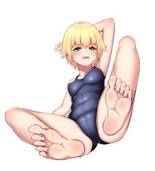 Rule 34 | 1girl, :d, arm behind head, arm up, ass, barefoot, blonde hair, blue one-piece swimsuit, blush, breasts, collarbone, covered erect nipples, covered navel, feet, green eyes, groin, knees up, looking at viewer, masou, one-piece swimsuit, open mouth, original, school swimsuit, shiny clothes, short hair, simple background, small breasts, smile, soles, solo, spread legs, swimsuit, toes