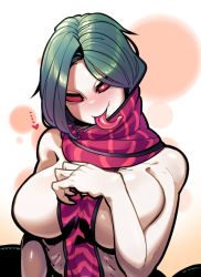 Rule 34 | 1girl, blush, breasts, fate/grand order, fate (series), green hair, heart, lamia, lamia (fate), large breasts, long tongue, monster girl, no nipples, no pupils, red eyes, scarf, sido (slipknot), smile, solo, tongue, tongue out