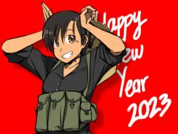 Rule 34 | 1girl, 2023, ammunition pouch, asian, black hair, black shirt, brown eyes, brown hat, chest rig, chin strap, collarbone, commentary, dark-skinned female, dark skin, english commentary, english text, hair between eyes, hands up, happy new year, hat, mrxinom, new year, open mouth, original, pouch, red background, rice hat, shirt, short hair, simple background, sleeves rolled up, smile, solo, teeth, upper body, viet cong, vietnam war