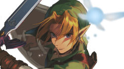 Rule 34 | 1boy, blonde hair, blue eyes, closed mouth, commentary, earrings, english commentary, hat, jewelry, link, looking at viewer, nintendo, pointy ears, shield, simple background, sophie (693432), sword, the legend of zelda, weapon