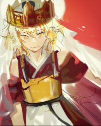 Rule 34 | 1other, androgynous, armor, blonde hair, breastplate, cape, closed mouth, cocopalm, crown, highres, japanese clothes, kimono, len&#039;en, looking at viewer, ooama no ake no mitori, other focus, red cape, sketch, sleeveless, sleeveless kimono, smile, solo, yellow eyes