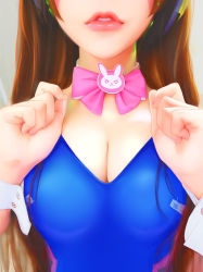 Rule 34 | 1girl, absurdres, adapted costume, bad id, bad pixiv id, blue leotard, bow, bowtie, breast focus, breasts, brown hair, cleavage, clenched hands, close-up, d.va (overwatch), emblem, facepaint, facial mark, fingernails, fuyuzuki, grey background, head out of frame, highres, leotard, lipgloss, lips, lipstick, long hair, makeup, medium breasts, nose, overwatch, overwatch 1, parted lips, pink bow, pink lips, playboy bunny, rabbit ornament, rabbit pin, realistic, simple background, solo, upper body, whisker markings, wrist cuffs