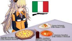 Rule 34 | 1girl, 3d, blonde hair, bowtie, carbonara (food), coffee, cup, disappointed, drinking glass, drinking straw, english text, espresso (drink), fabarm sat-8, food, fruit, girls&#039; frontline, highres, ice, ice cube, italian flag, italian flag neckwear, ketchup, long hair, ntka, pasta, pineapple, pizza, plate, s.a.t.8 (girls&#039; frontline), sausage, simple background, solo, spaghetti, striped bow, striped bowtie, striped clothes, very long hair, white background