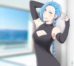 Rule 34 | 1girl, bare shoulders, black dress, blue hair, braid, breasts, cleavage, cleavage cutout, clothing cutout, detached sleeves, doorway, dress, facial mark, fashion, forehead, hair over one eye, head tilt, highres, j adsen, jinx (league of legends), league of legends, lips, lipstick, long hair, looking at viewer, makeup, nail polish, pink eyes, smile, solo, turtleneck, twin braids