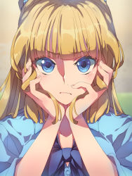 Rule 34 | 1girl, blonde hair, blue eyes, blue shirt, blunt bangs, bow, bowtie, chiharu (9654784), closed mouth, collarbone, collared shirt, commentary request, hair ornament, hair scrunchie, hands on own cheeks, hands on own face, highres, karuizawa kei, long hair, looking at viewer, scrunchie, shirt, solo, upper body, youkoso jitsuryoku shijou shugi no kyoushitsu e