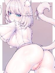 Rule 34 | 1girl, animal ears, ass, blue eyes, blur censor, breasts, brown background, cat ears, cat girl, cat tail, censored, cleft of venus, closed mouth, fang, from behind, gradient background, highres, indie virtual youtuber, kupa (jesterwii), medium breasts, mitsuki momo, pussy, short hair, skin fang, solo, tail, two-tone background, virtual youtuber, white background