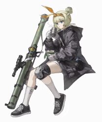 Rule 34 | 1girl, bandana, black jacket, blonde hair, blue eyes, braid, countryman (artist), cup, field ration, full body, girls&#039; frontline, gloves, hair bun, highres, holding, holding cup, hood, hood down, hooded jacket, jacket, knee pads, man-portable anti-tank systems, mk 153 (girls&#039; frontline), mk 153 shoulder-launched multipurpose assault weapon, mk 153 smaw, mug, rocket launcher, second-party source, shoes, short hair, simple background, single knee pad, sitting, sneakers, socks, solo, weapon, white background, white gloves, white socks