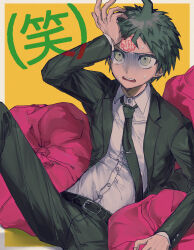 Rule 34 | 1boy, ahoge, black jacket, black necktie, black pants, brown eyes, brown hair, check translation, collared shirt, danganronpa (series), danganronpa 3 (anime), dress shirt, forehead tattoo, grey shirt, hand on own forehead, highres, hinata hajime, i-hara, jacket, male focus, necktie, open clothes, open jacket, pants, pillow, shirt, shirt tucked in, short hair, sitting, sweat, tearing up, tie clip, translation request, yellow background