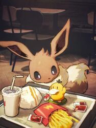 Rule 34 | arc draws, bright pupils, chair, commentary request, condiment packet, creatures (company), cup, disposable cup, drinking straw, eevee, food, food wrapper, french fries, game freak, gen 1 pokemon, highres, indoors, looking down, mcdonald&#039;s, nintendo, no humans, pokemon, pokemon (creature), psyduck, solo, table, tray, white pupils