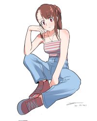 Rule 34 | 1girl, between legs, blue pants, brown hair, camisole, collarbone, commentary, dated, english commentary, full body, hand between legs, highres, jewelry, kagari atsuko, knee up, little witch academia, long hair, looking at viewer, necklace, pants, ponytail, red eyes, red footwear, shoes, signature, simple background, sitting, sneakers, solo, spaghetti strap, striped camisole, white background, yu kiyo enjoyer