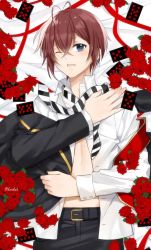 Rule 34 | 1boy, bed, card, crown, flower, heart, highres, kwakah, long sleeves, male focus, mini crown, necktie, open mouth, red hair, riddle rosehearts, rose, short hair, simple background, solo, twisted wonderland