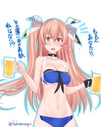 Rule 34 | 1girl, alcohol, beer, beer mug, bikini, blue bikini, breasts, brown eyes, cleavage, commentary request, cup, hair ornament, hair ribbon, johnston (kancolle), kantai collection, light brown hair, long hair, looking at viewer, medium breasts, mug, ribbon, simple background, solo, swimsuit, takase asagiri, translation request, twitter username, two side up, white background
